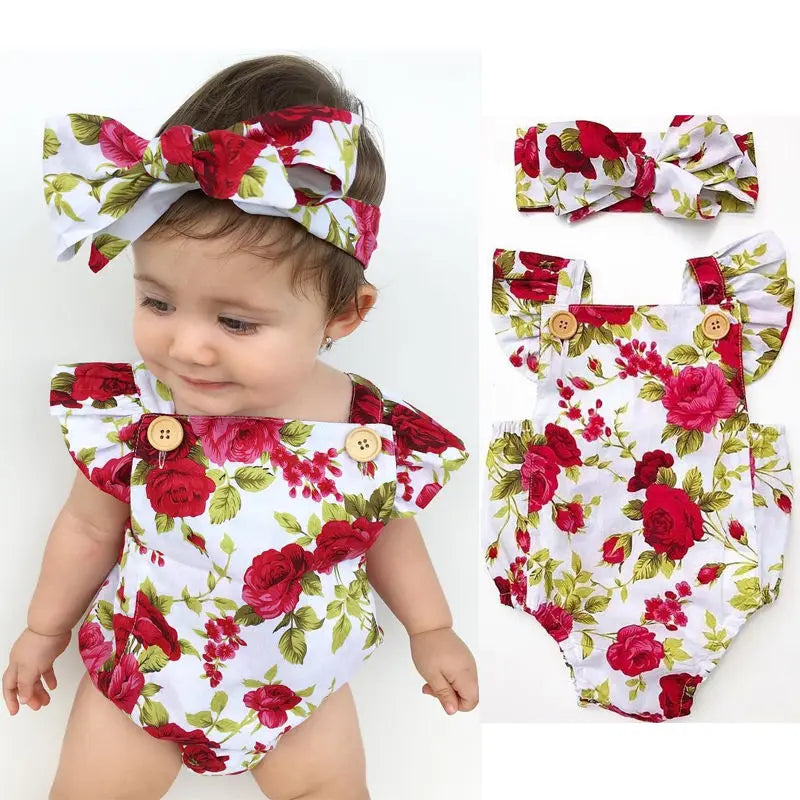Girls' Summer Set with Floral Bodysuit & Ribbon – 2 Pieces (0 to 24 months)