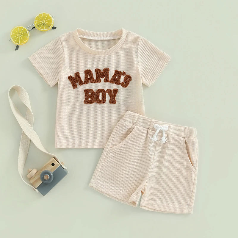 Summer Set for Boys with Embroidered Letter T-Shirt & Waffle Fabric Shorts – 2 Pieces (0 to 3 years)