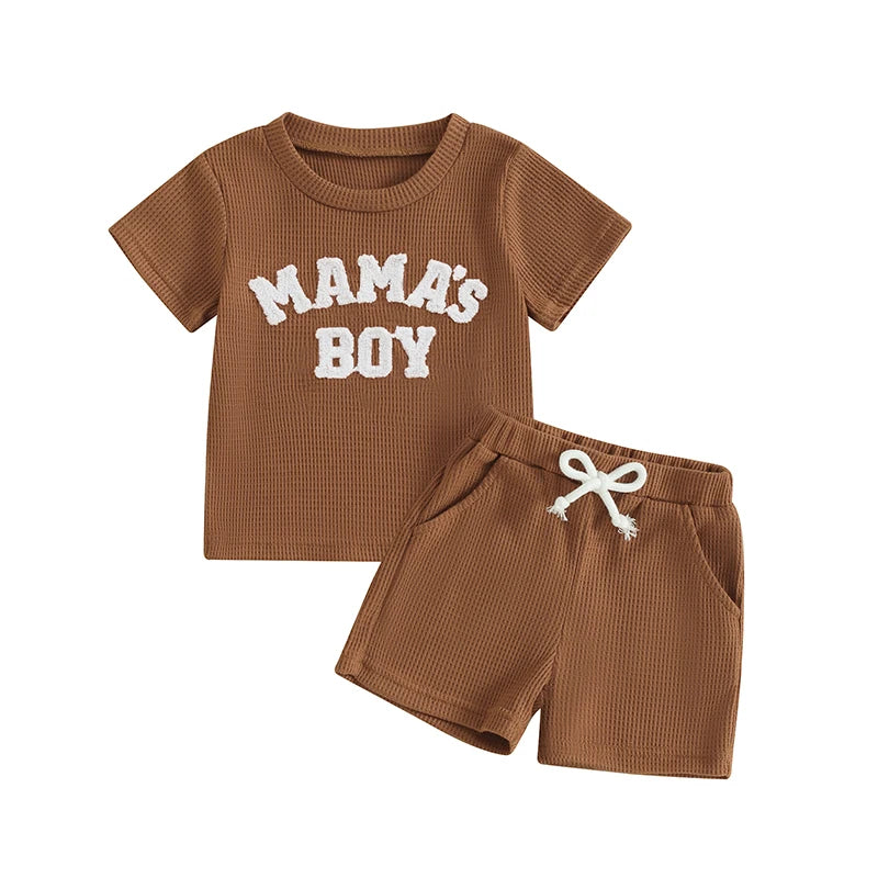Summer Set for Boys with Embroidered Letter T-Shirt & Waffle Fabric Shorts – 2 Pieces (0 to 3 years)