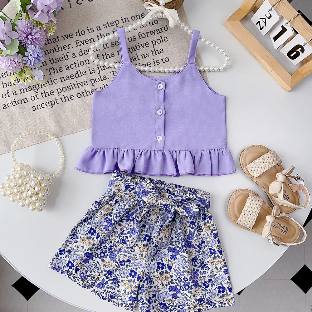 Summer Clothing Set for Girls – Tank Top with Solid Color Blouse & Floral Shorts (2 Pieces) for 3 to 7 Years
