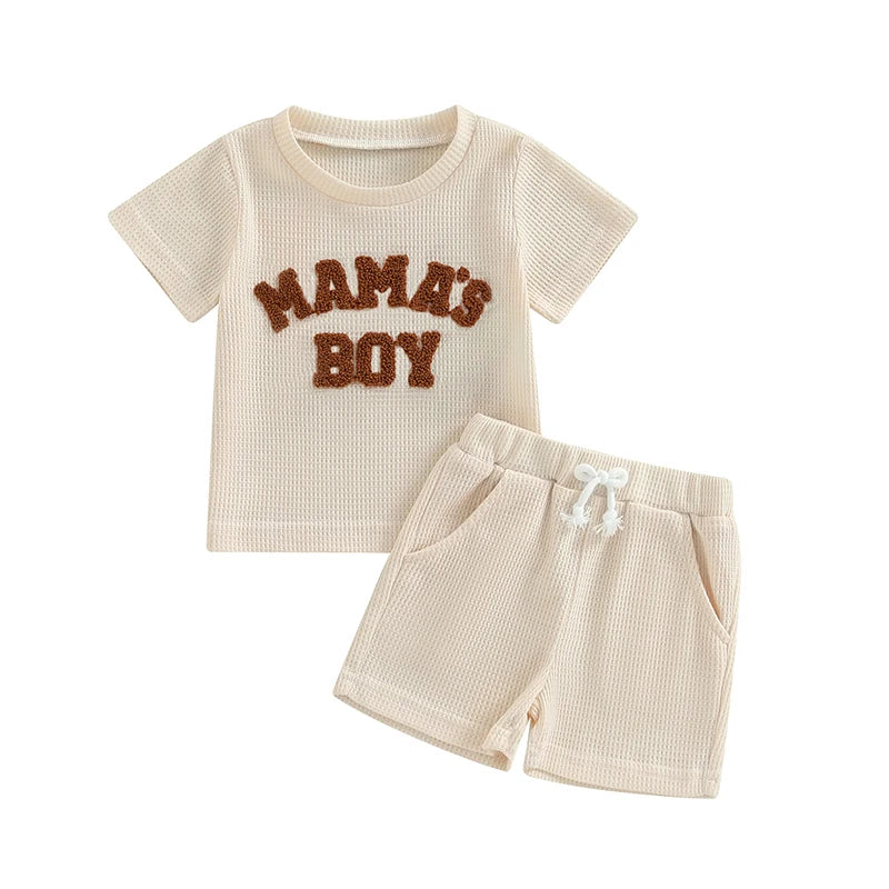 Summer Set for Boys with Embroidered Letter T-Shirt & Waffle Fabric Shorts – 2 Pieces (0 to 3 years)