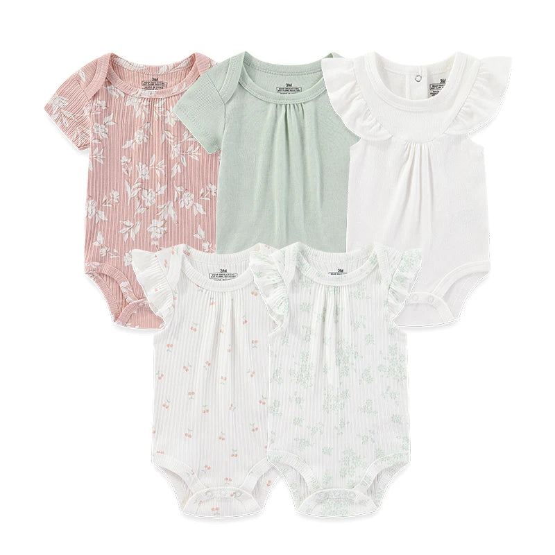 Set of 5 Summer Baby Bodysuits with Designs & Patterns – Unisex (0 to 6 months)