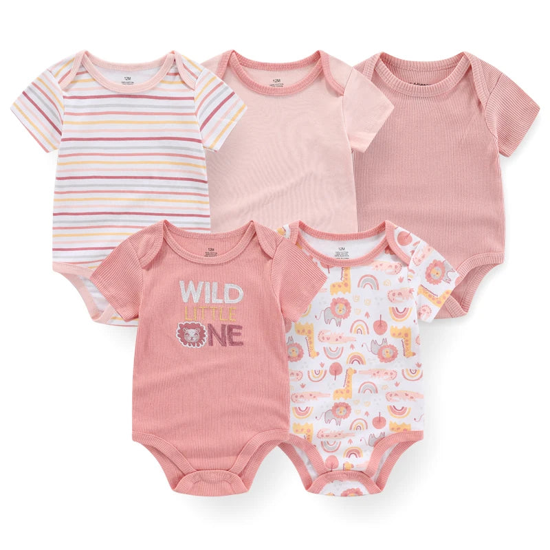 Set of 5 Summer Baby Bodysuits with Designs & Patterns – Unisex (0 to 6 months)