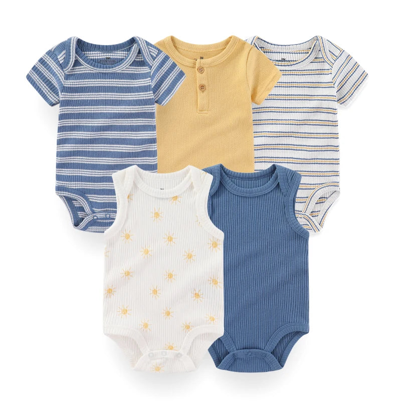 Set of 5 Summer Baby Bodysuits with Designs & Patterns – Unisex (0 to 6 months)