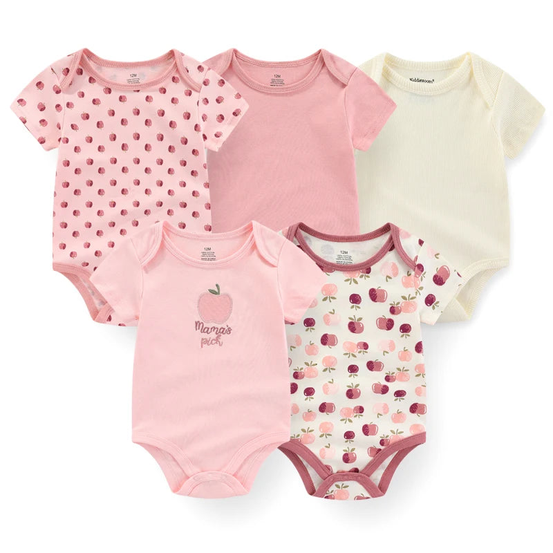 Set of 5 Summer Baby Bodysuits with Designs & Patterns – Unisex (0 to 6 months)