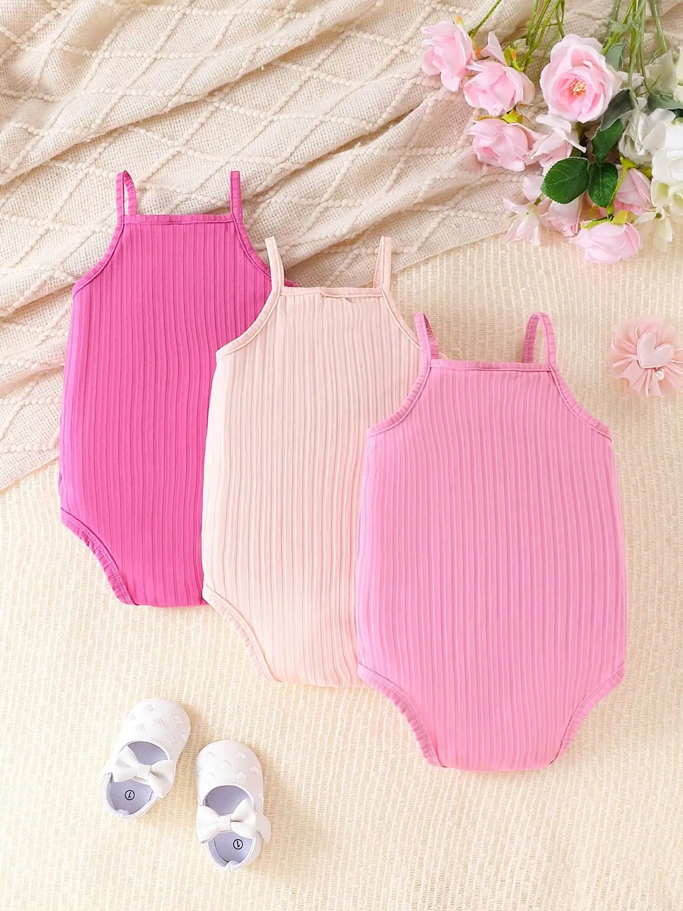 Set of 3 – Summer Baby Girls Bodysuits with Straps in Soft Colors (6 months to 3 years)