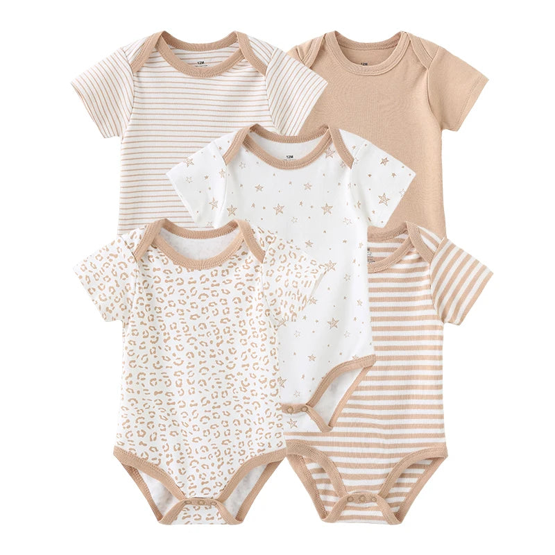 Set of 5 Summer Baby Bodysuits with Designs & Patterns – Unisex (0 to 6 months)