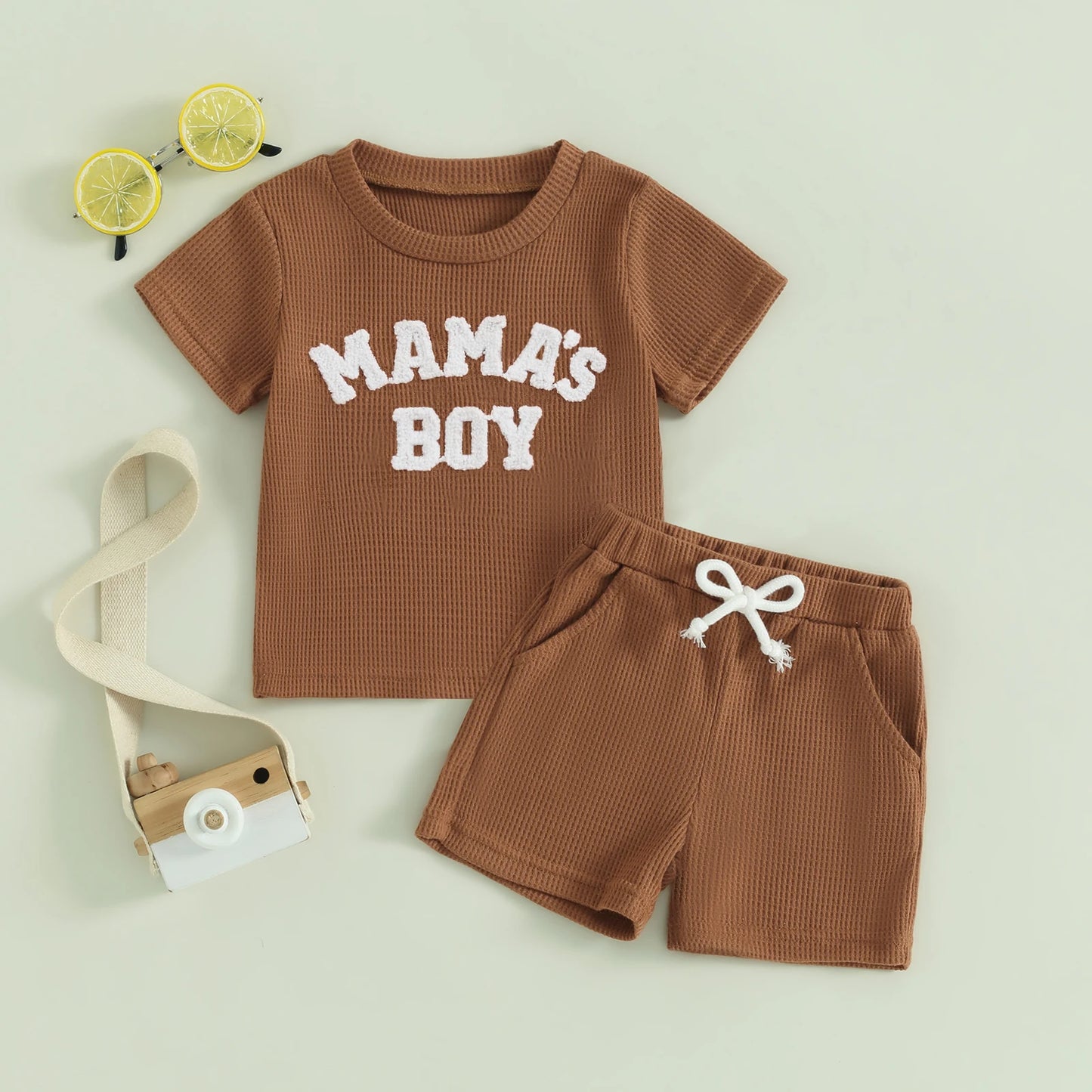 Summer Set for Boys with Embroidered Letter T-Shirt & Waffle Fabric Shorts – 2 Pieces (0 to 3 years)