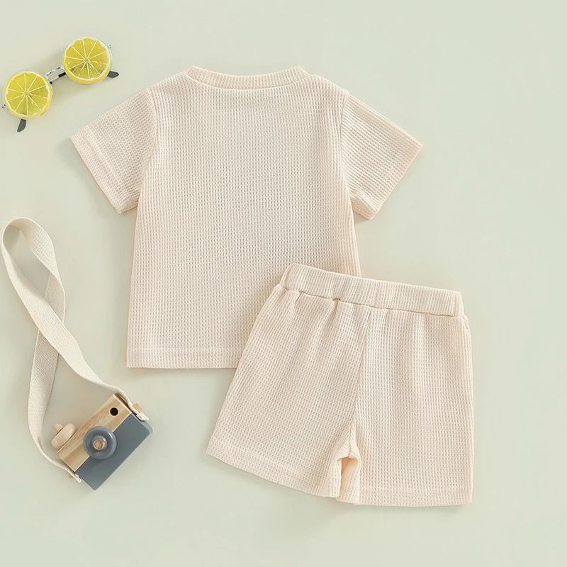 Summer Set for Boys with Embroidered Letter T-Shirt & Waffle Fabric Shorts – 2 Pieces (0 to 3 years)