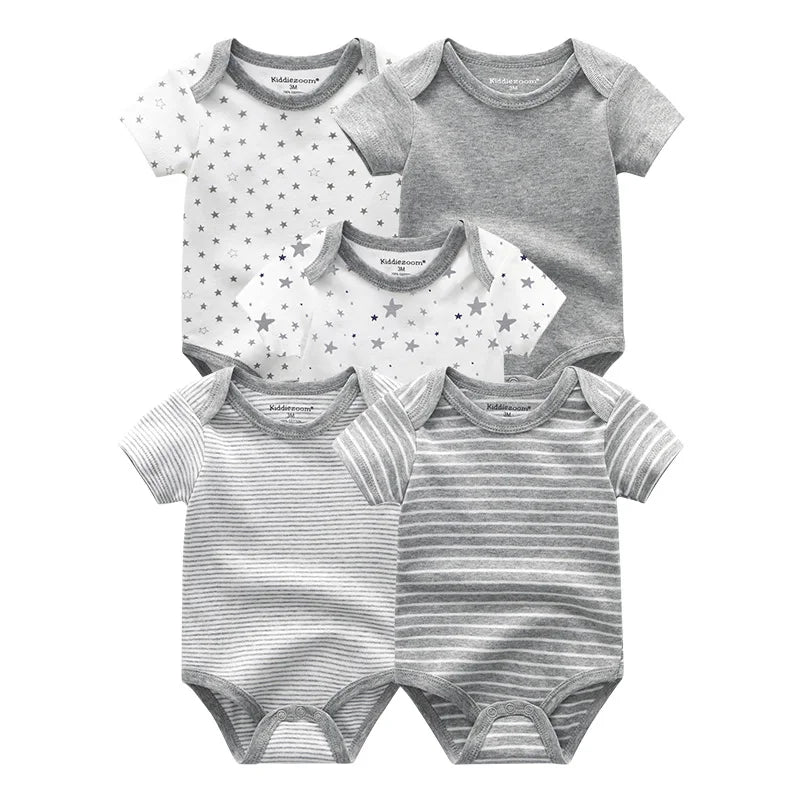 Set of 5 Summer Baby Bodysuits with Designs & Patterns – Unisex (0 to 6 months)
