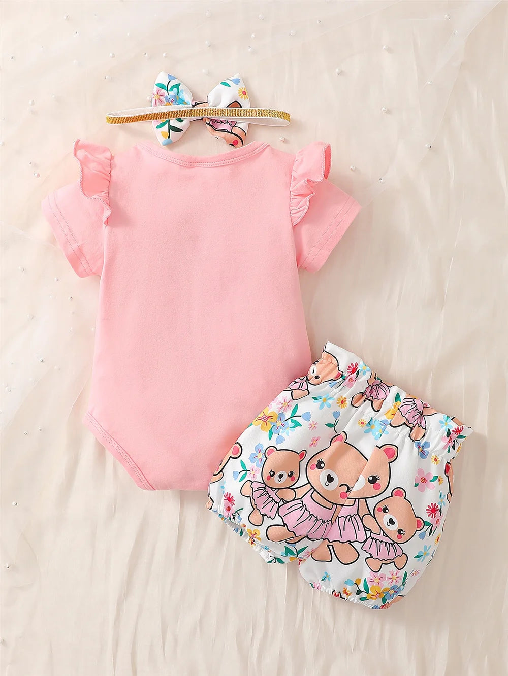 Cute Summer Set for Little Girls – Bodysuit, Shorts & Headband (3 Pieces) (3 Months – 2 Years)