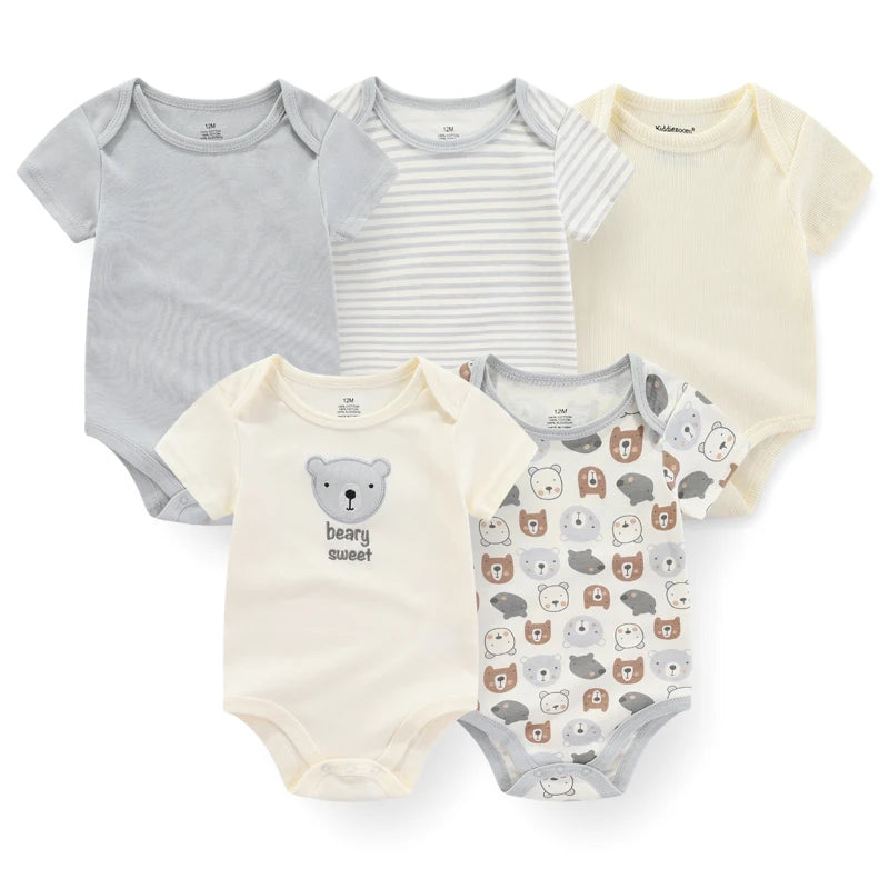 Set of 5 Summer Baby Bodysuits with Designs & Patterns – Unisex (0 to 6 months)