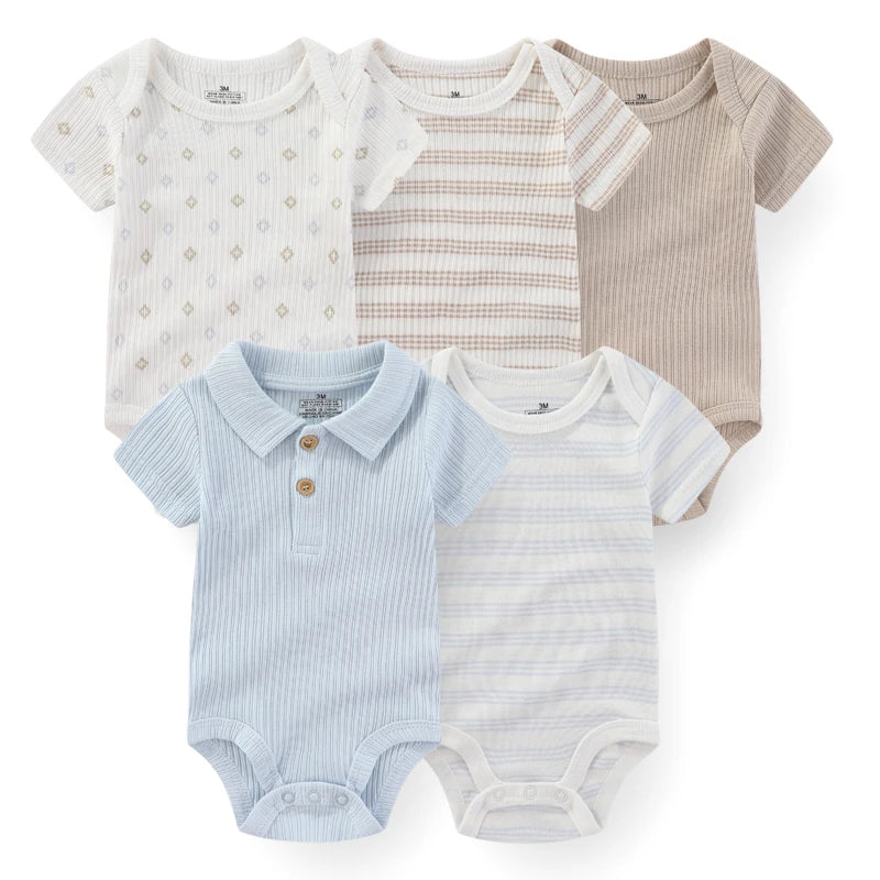 Set of 5 Summer Baby Bodysuits with Designs & Patterns – Unisex (0 to 6 months)