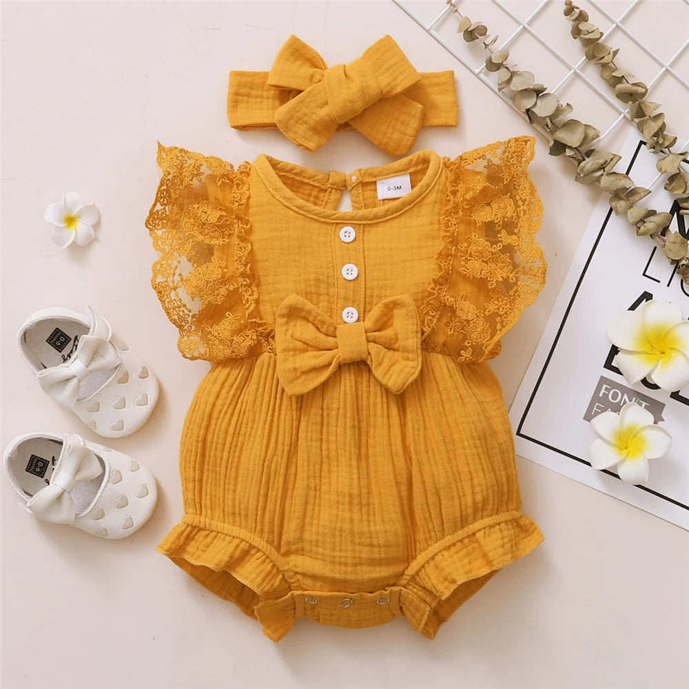 Baby Bodysuit Set with Lace Bow – Sleeveless, Solid Color | 0–18 Months
