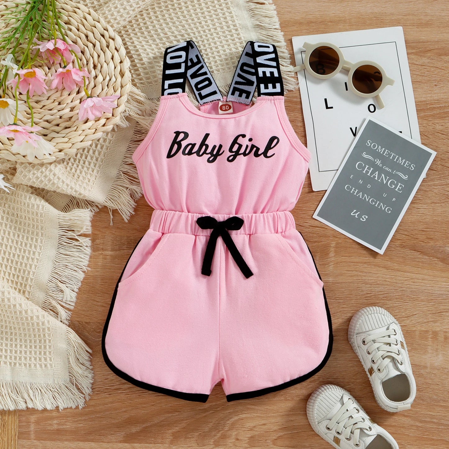 Summer Set for Girls – Sleeveless Round Neck Top & Letter Print + Shorts with Elastic Waist (12 Months to 3 Years)