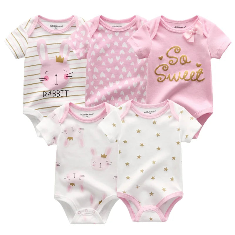 Set of 5 Summer Baby Bodysuits with Designs & Patterns – Unisex (0 to 6 months)