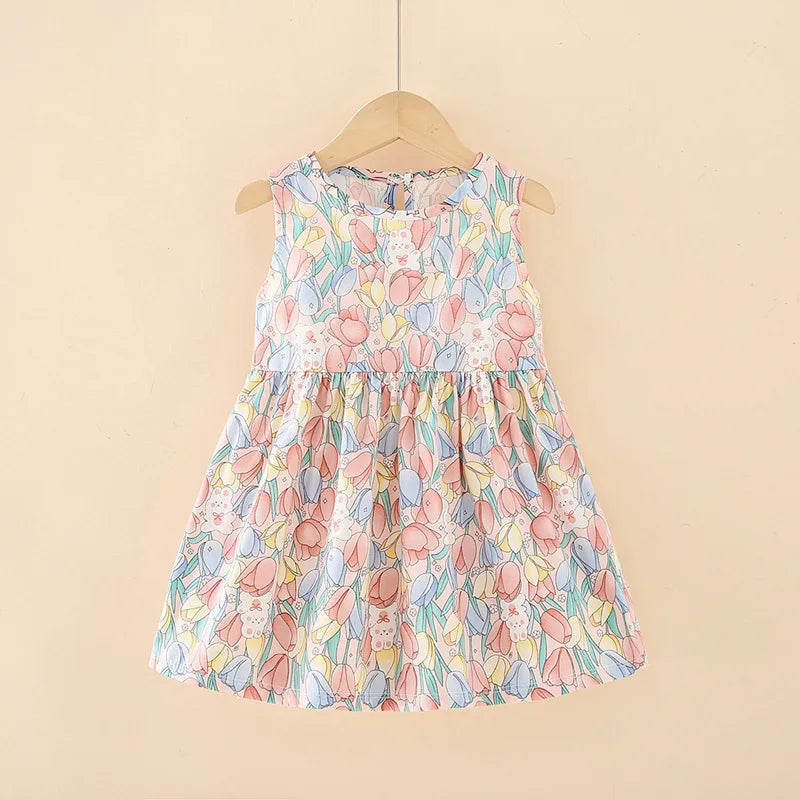 Girl's Summer Dress with Floral Pattern – Sleeveless with Round Neckline (Ages 1 to 7 years)