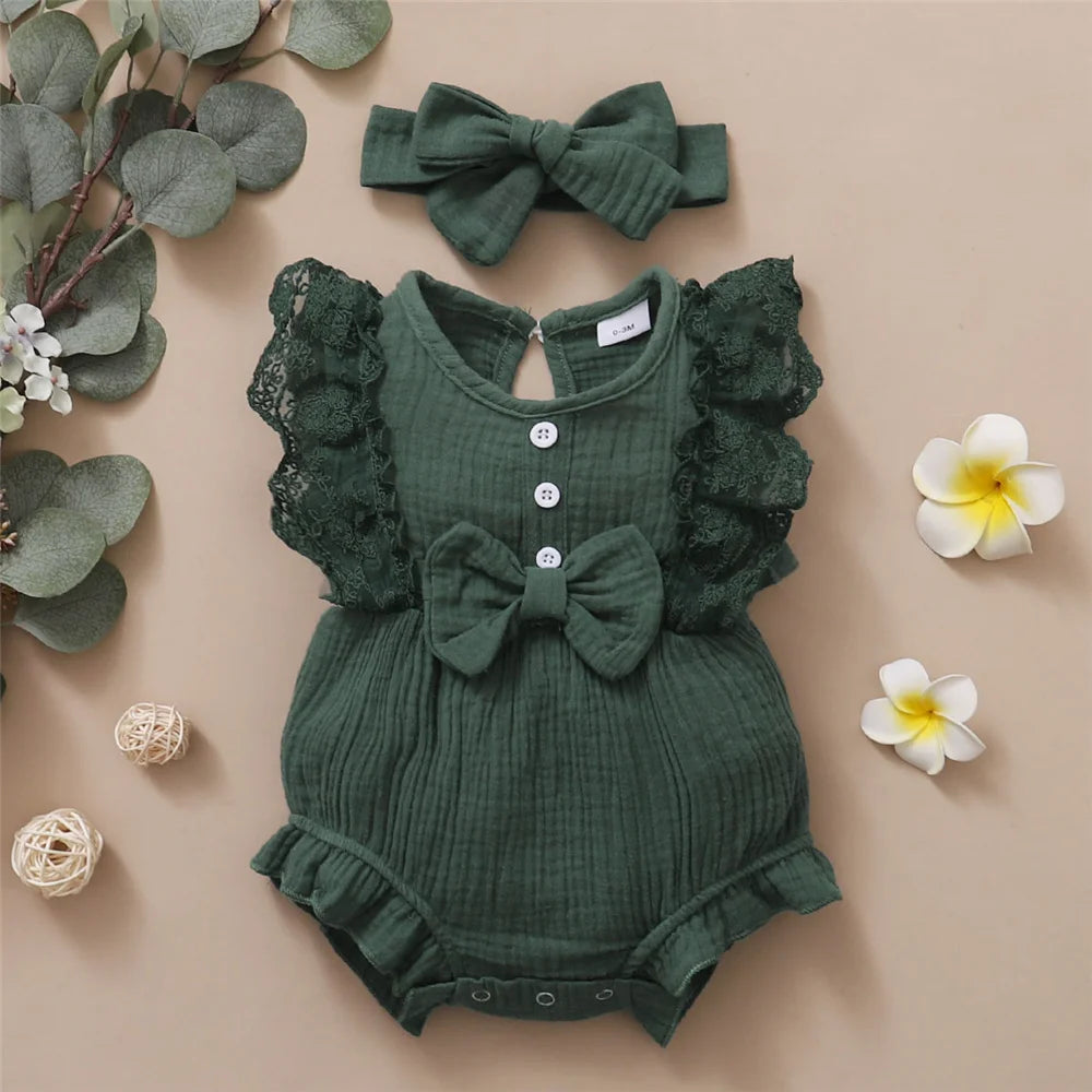 Baby Bodysuit Set with Lace Bow – Sleeveless, Solid Color | 0–18 Months