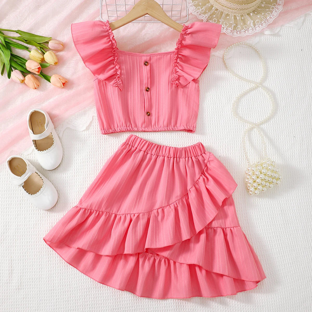 Summer Princess Set for Girls – Ruffle Blouse & Solid Short Skirt (8-12 Years)