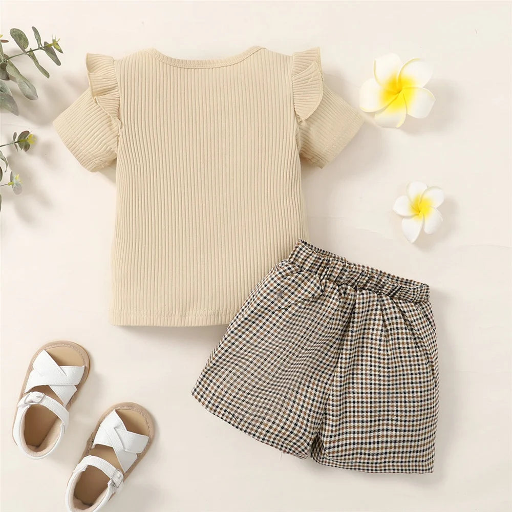 Girls' Summer Set – Printed T-Shirt and Checkered Shorts (9 Months–6 Years)