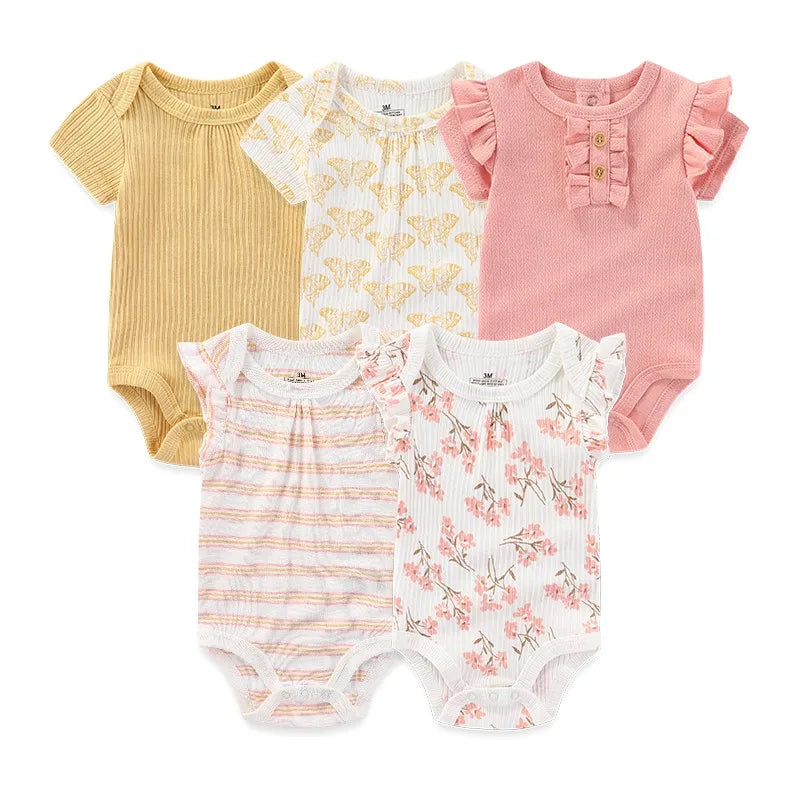 Set of 5 Summer Baby Bodysuits with Designs & Patterns – Unisex (0 to 6 months)