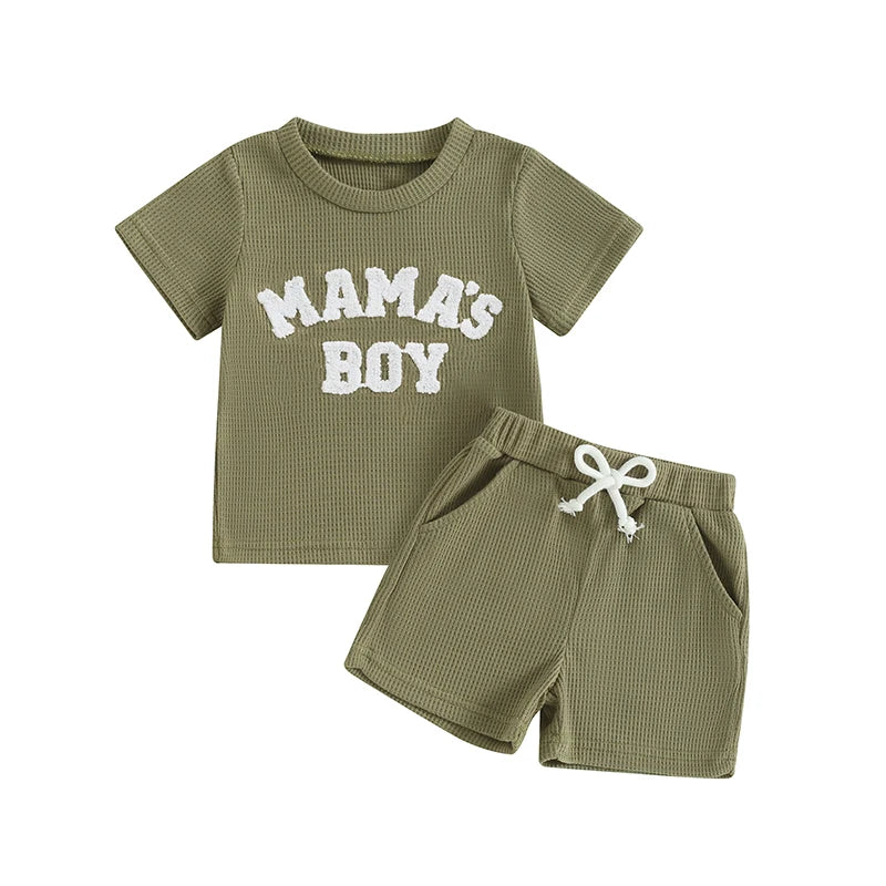 Summer Set for Boys with Embroidered Letter T-Shirt & Waffle Fabric Shorts – 2 Pieces (0 to 3 years)