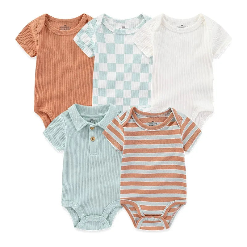 Set of 5 Summer Baby Bodysuits with Designs & Patterns – Unisex (0 to 6 months)