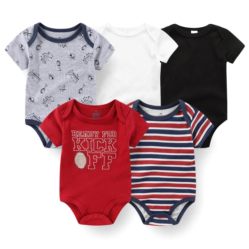 Set of 5 Summer Baby Bodysuits with Designs & Patterns – Unisex (0 to 6 months)