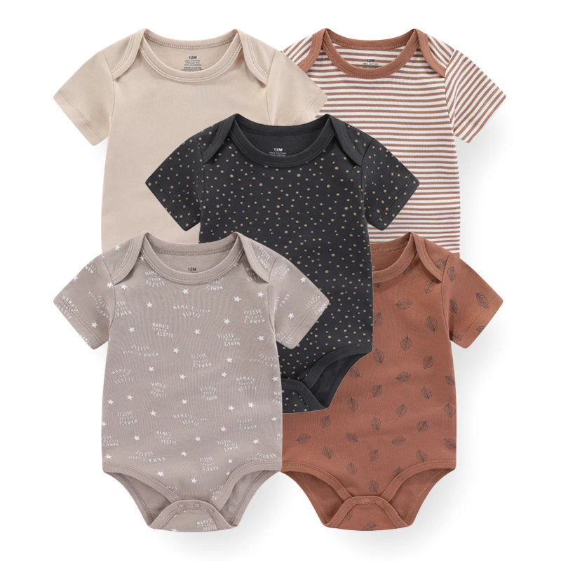 Set of 5 Summer Baby Bodysuits with Designs & Patterns – Unisex (0 to 6 months)