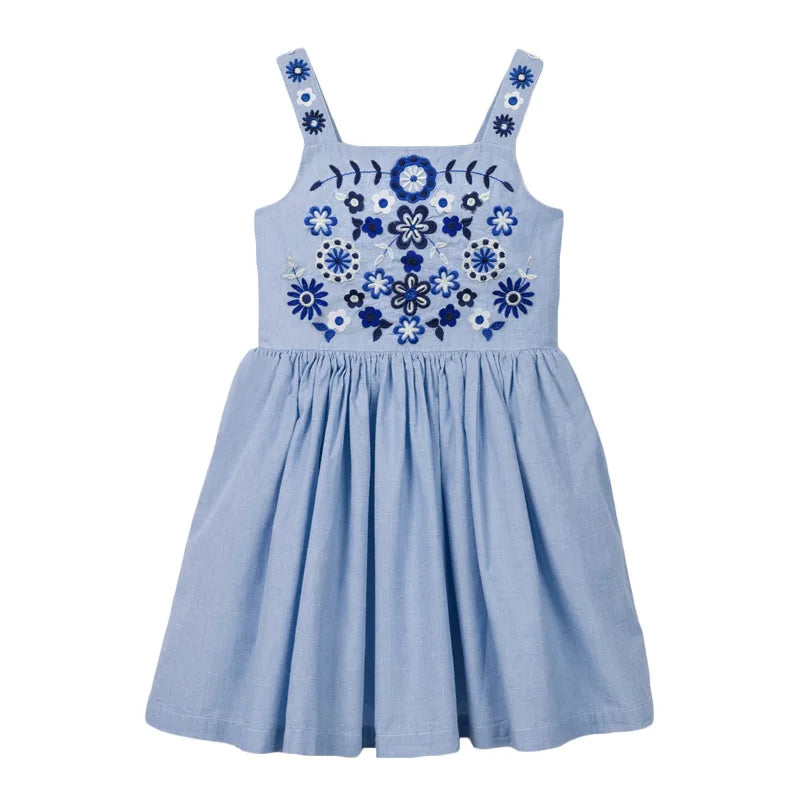 Summer Dress for Girls from 2 to 7 Years – Cotton with Embroidery, Sleeveless, Knee Length