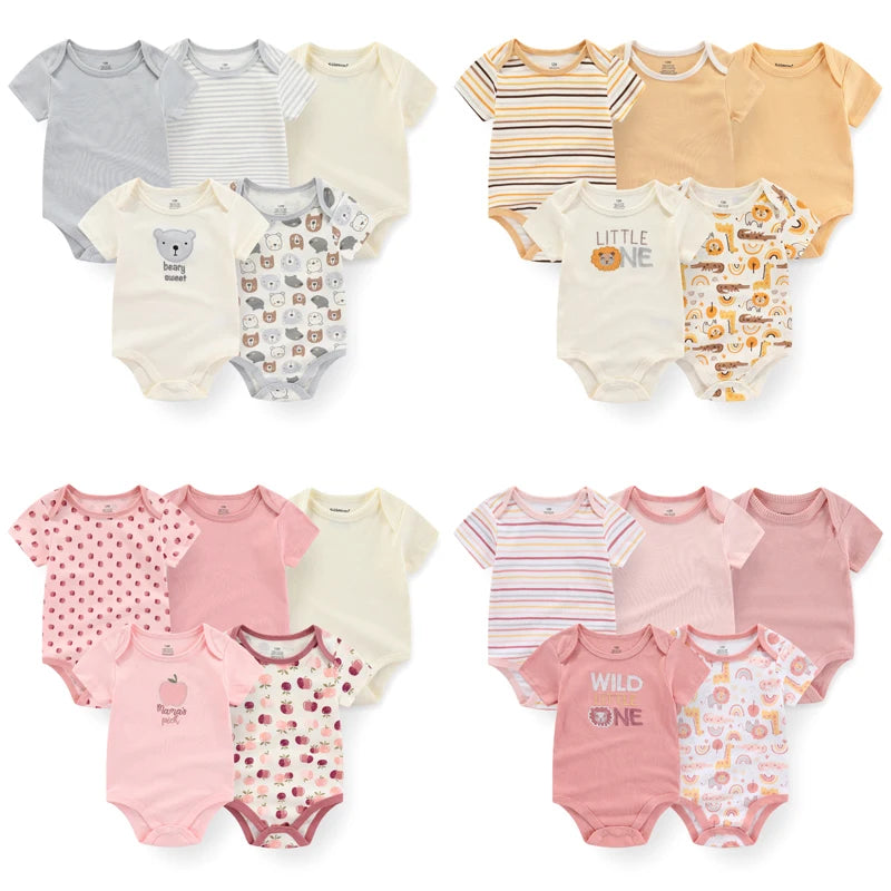 Set of 5 Summer Baby Bodysuits with Designs & Patterns – Unisex (0 to 6 months)