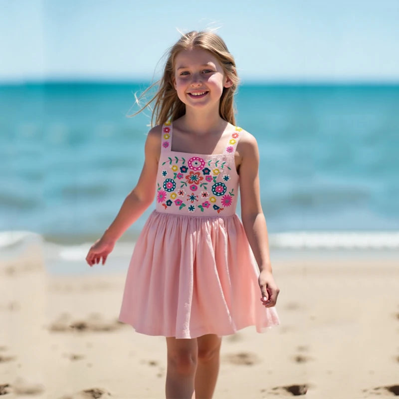 Summer Dress for Girls from 2 to 7 Years – Cotton with Embroidery, Sleeveless, Knee Length