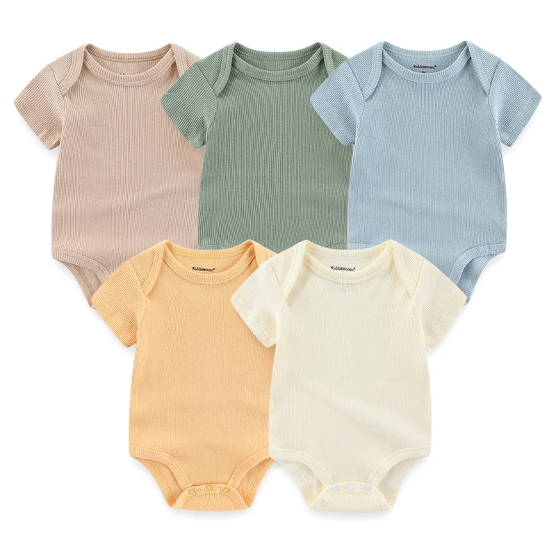 Set of 5 Summer Baby Bodysuits with Designs & Patterns – Unisex (0 to 6 months)
