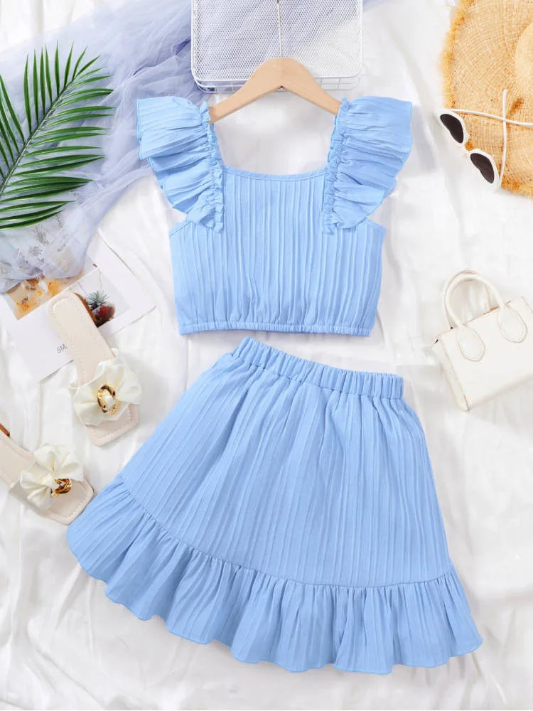 Summer Princess Set for Girls – Ruffle Blouse & Solid Short Skirt (8-12 Years)
