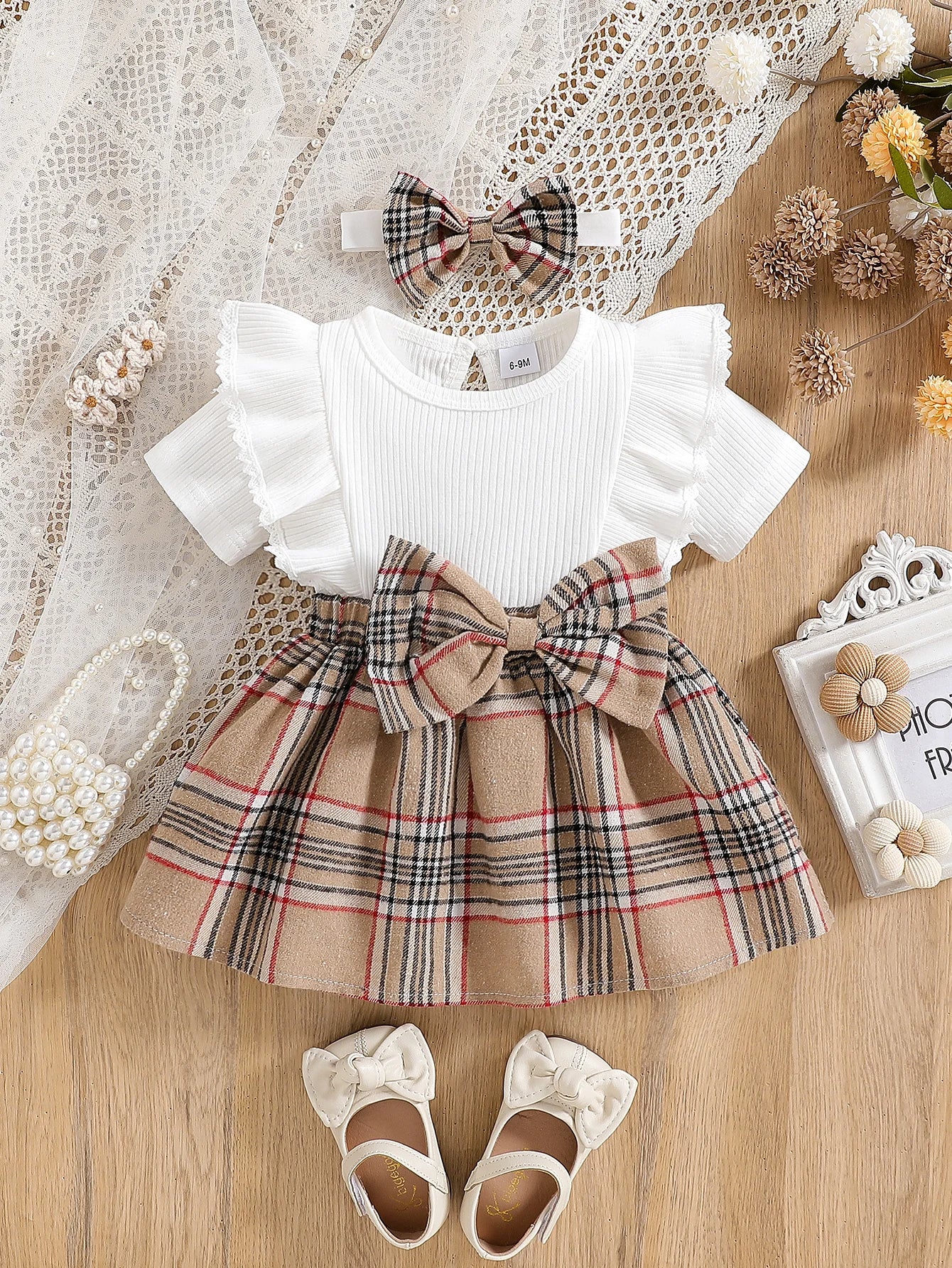 Summer Dress for Baby Girl – Plaid Design with Lace Ruffle Sleeves & Bow (6 Months – 3 Years)
