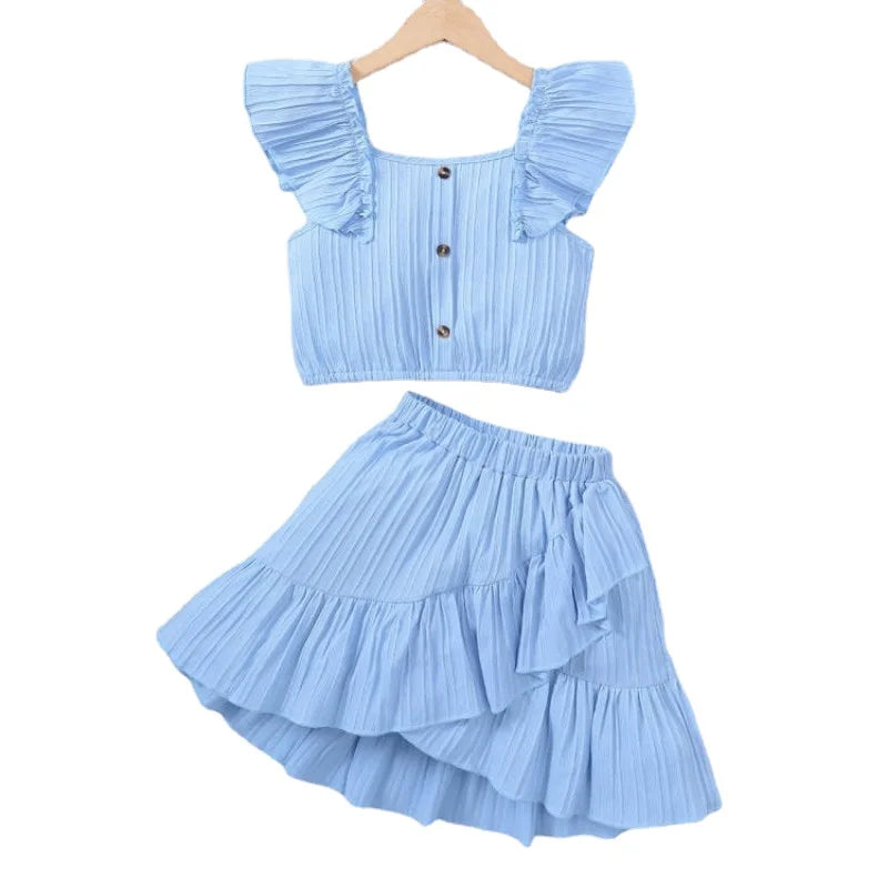 Summer Princess Set for Girls – Ruffle Blouse & Solid Short Skirt (8-12 Years)