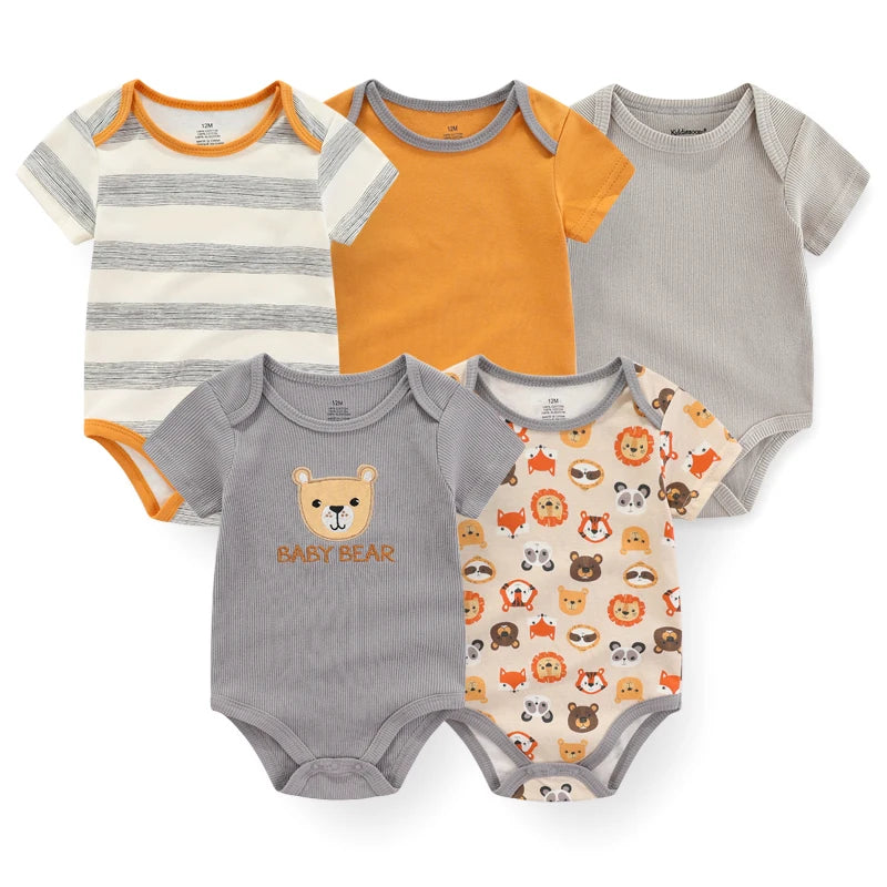 Set of 5 Summer Baby Bodysuits with Designs & Patterns – Unisex (0 to 6 months)
