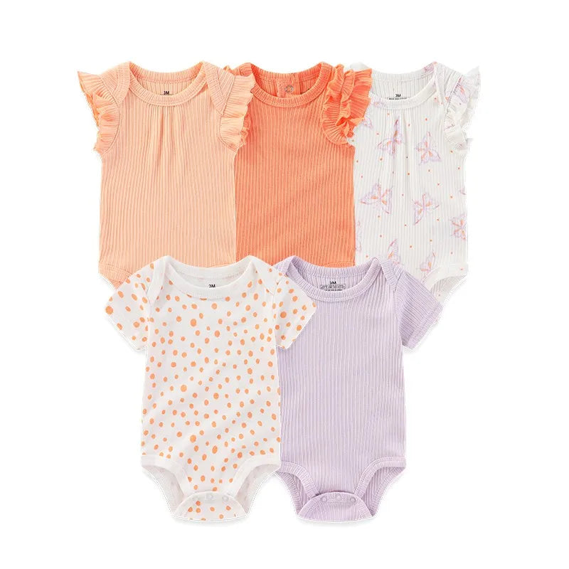 Set of 5 Summer Baby Bodysuits with Designs & Patterns – Unisex (0 to 6 months)