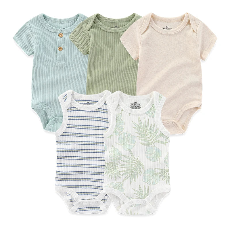 Set of 5 Summer Baby Bodysuits with Designs & Patterns – Unisex (0 to 6 months)