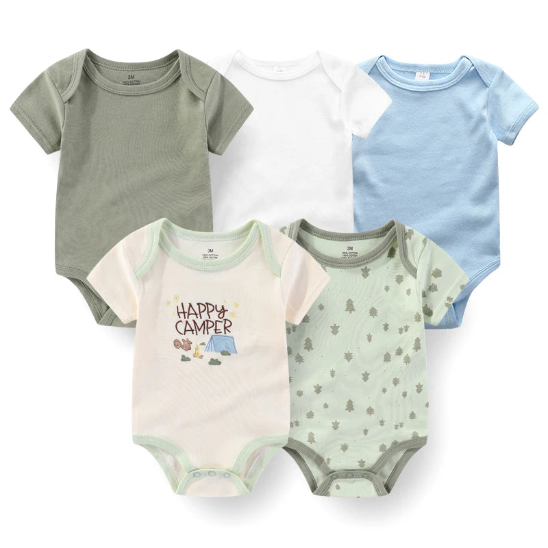 Set of 5 Summer Baby Bodysuits with Designs & Patterns – Unisex (0 to 6 months)