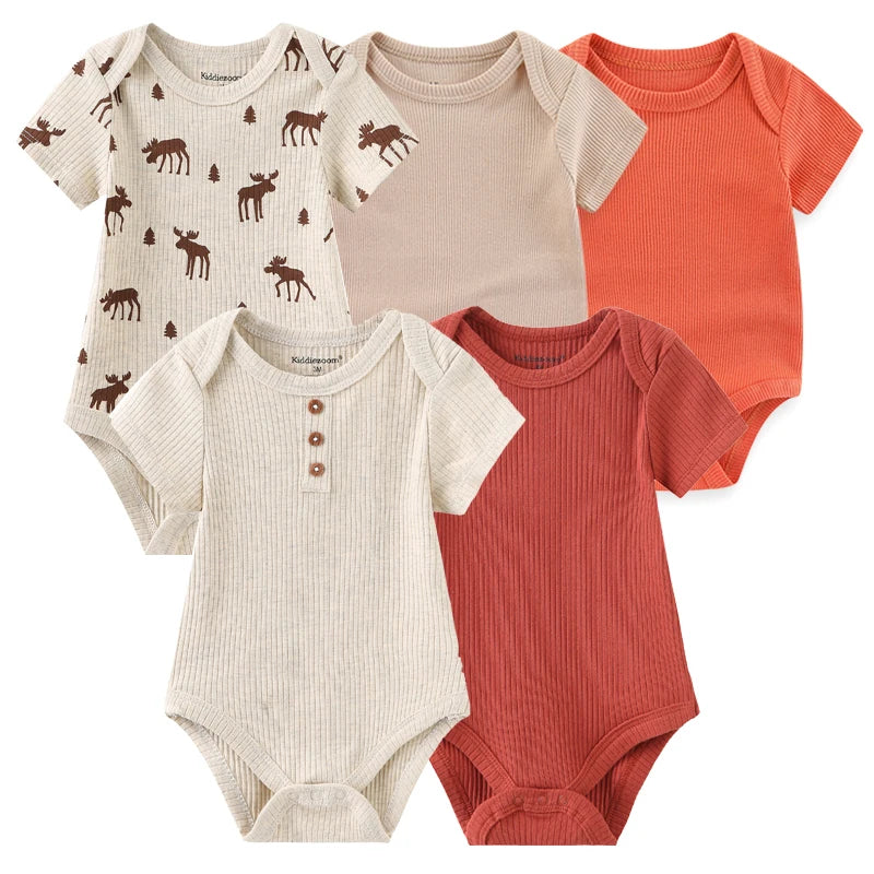 Set of 5 Summer Baby Bodysuits with Designs & Patterns – Unisex (0 to 6 months)