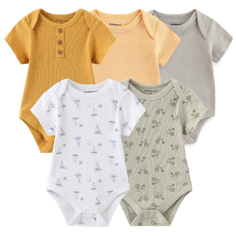 Set of 5 Summer Baby Bodysuits with Designs & Patterns – Unisex (0 to 6 months)