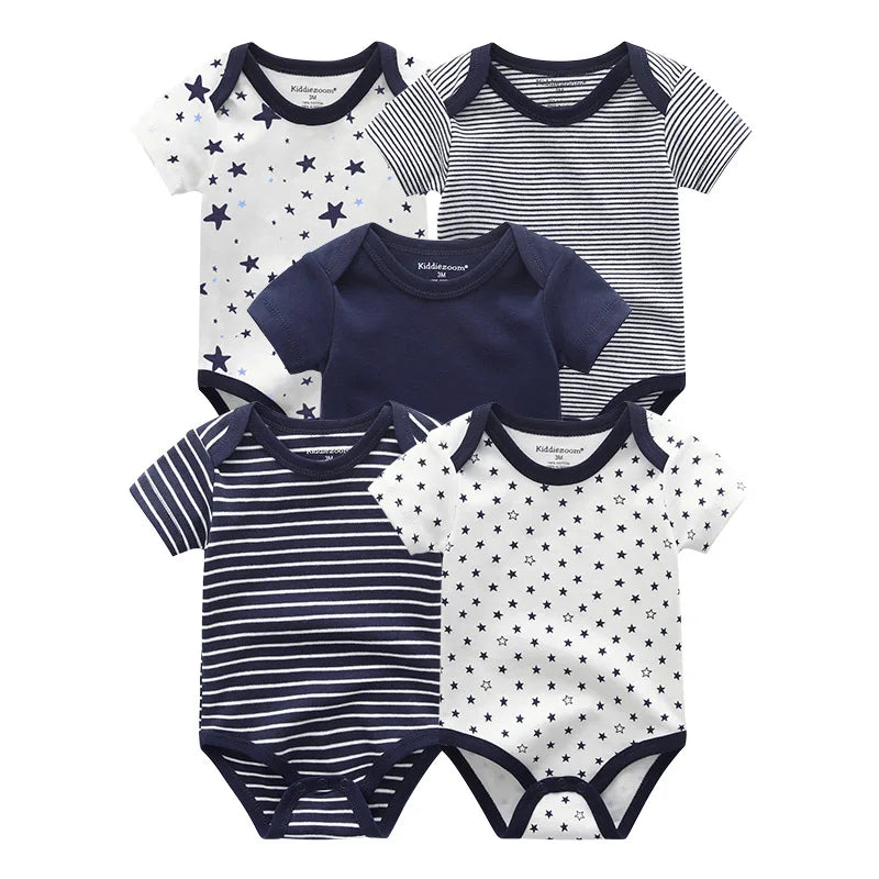 Set of 5 Summer Baby Bodysuits with Designs & Patterns – Unisex (0 to 6 months)