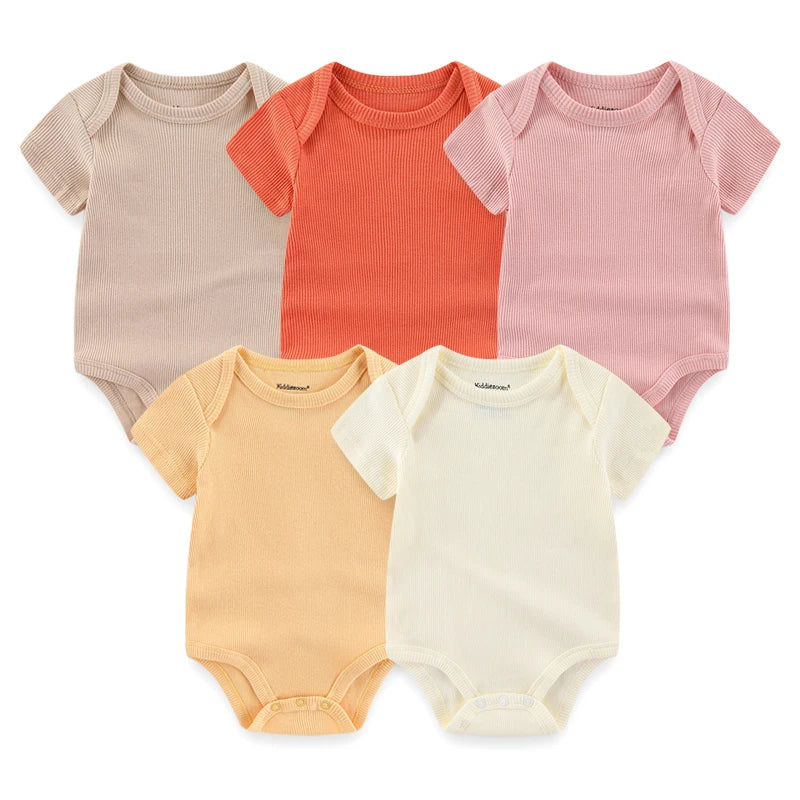 Set of 5 Summer Baby Bodysuits with Designs & Patterns – Unisex (0 to 6 months)