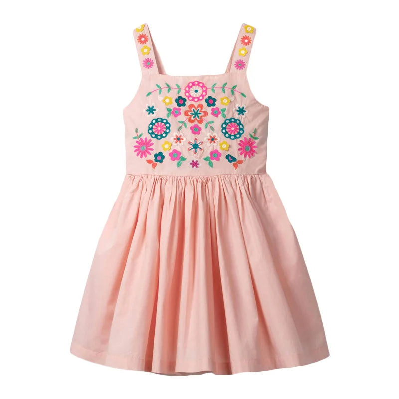 Summer Dress for Girls from 2 to 7 Years – Cotton with Embroidery, Sleeveless, Knee Length