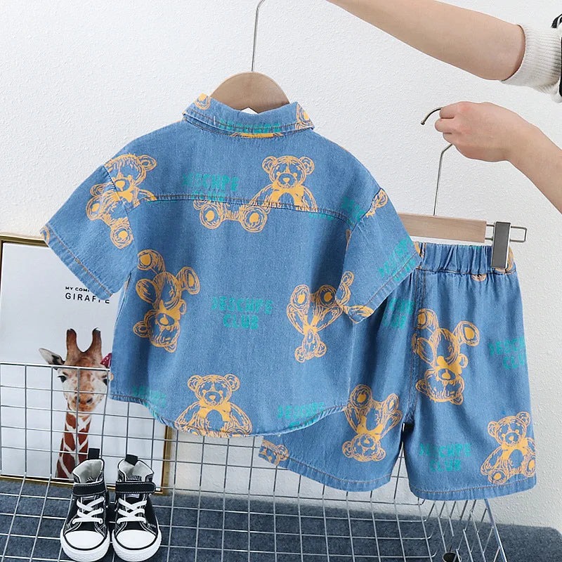 Summer Set for Boys – Teddy Bear T-Shirt & Denim Shorts (2–6 Years)