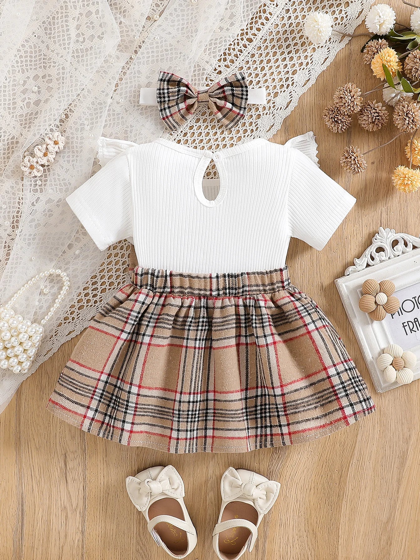Summer Dress for Baby Girl – Plaid Design with Lace Ruffle Sleeves & Bow (6 Months – 3 Years)