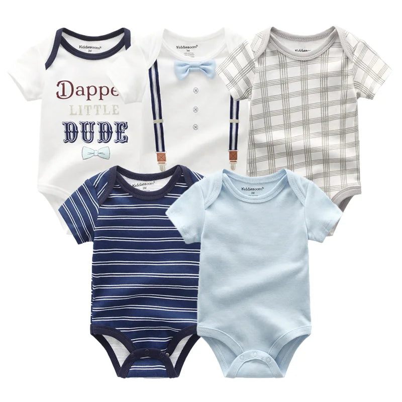 Set of 5 Summer Baby Bodysuits with Designs & Patterns – Unisex (0 to 6 months)