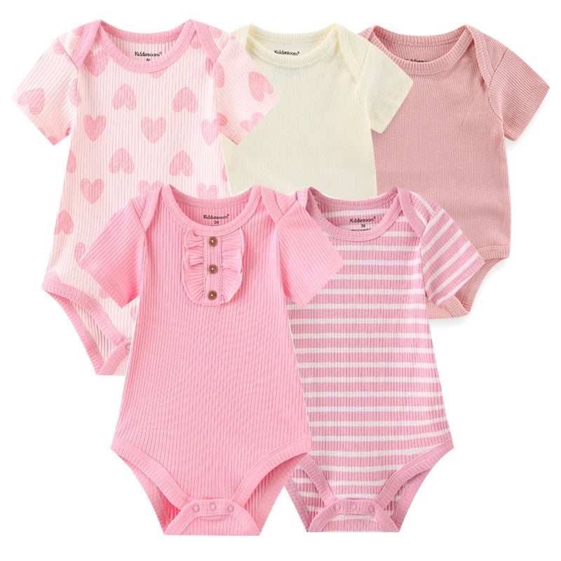 Set of 5 Summer Baby Bodysuits with Designs & Patterns – Unisex (0 to 6 months)