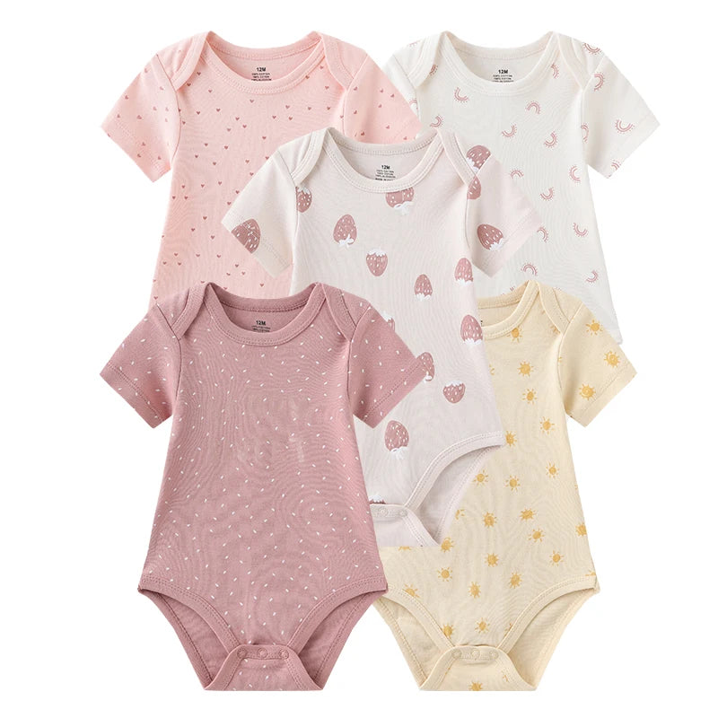 Set of 5 Summer Baby Bodysuits with Designs & Patterns – Unisex (0 to 6 months)